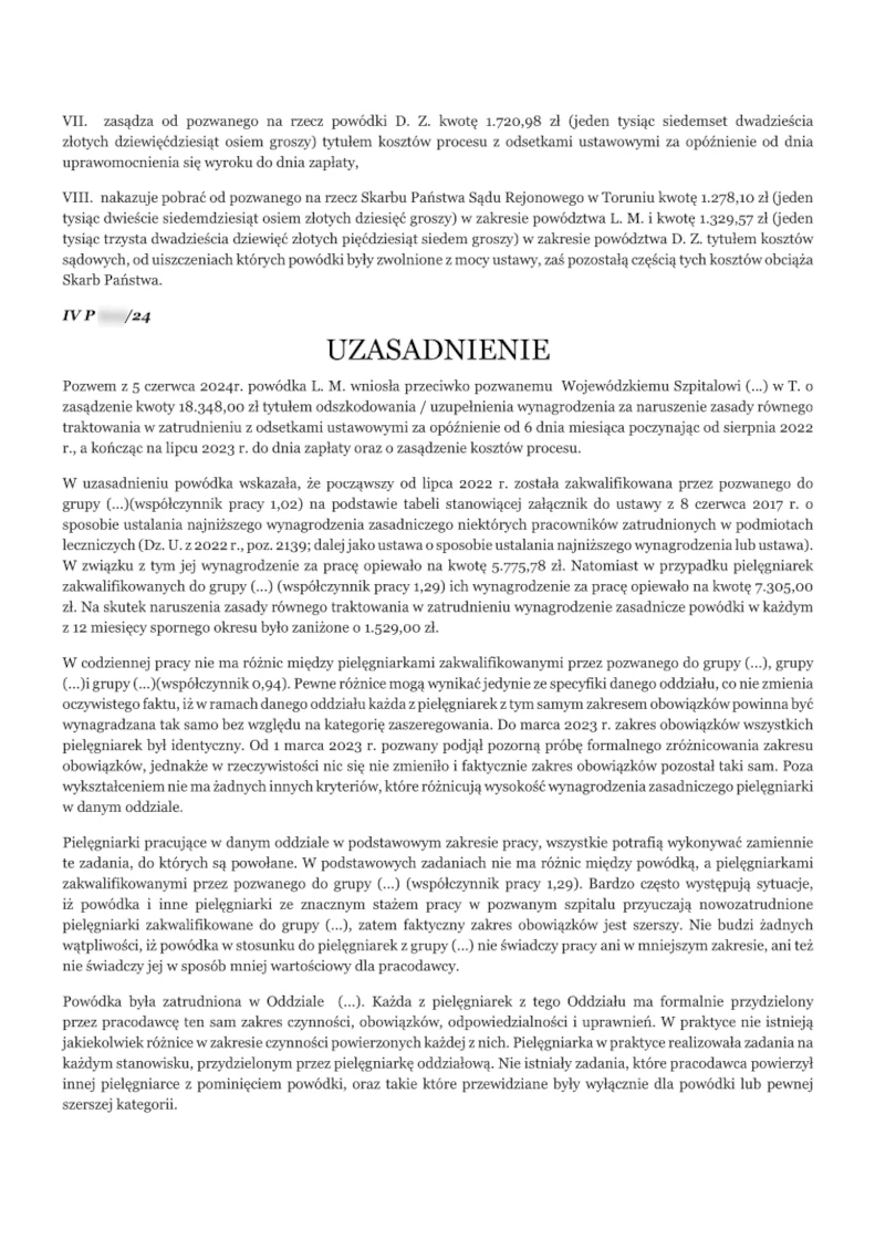 Wyrok Sądu Rejonowego w Toruniu przyznający pielęgniarkom odszkodowanie - strona 2